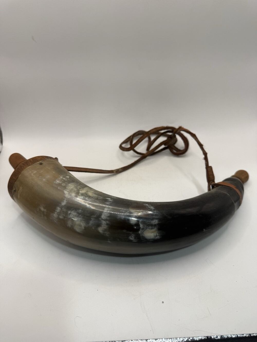 Vintage Cow Horn Powder Horn Flask Wood Stopper Leather Strap 11” *